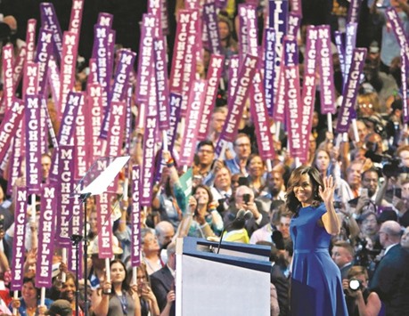 First lady Michelle Obama addresses the Democratic National Convention in Philadelphia on Monday night.