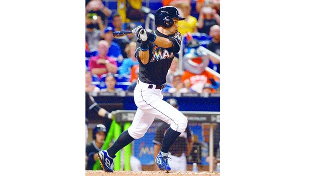 Miami Marlins center fielder Ichiro Suzuki grounds out during the sixth inning against the Philadelphia Phillies at Marlins Park on Tuesday. (Steve Mitchell-USA TODAY Sports)