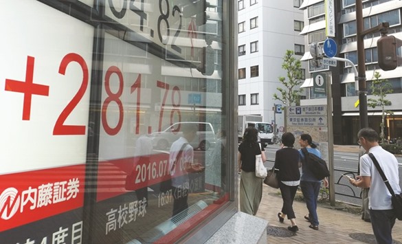 Pedestrians walk past an electronic quotation board in front of a securities company in Tokyo. The Nikkei 225 closed up 1.7% to 16,664.82 points yesterday.