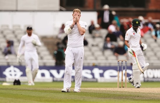 Englandu2019s Ben Stokes reacts after Pakistanu2019s Younis Khan was dropped during the second Test match between England and Pakistan at Old Trafford. File photo