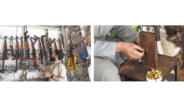 An arms seller picks an assault rifle from a shelf at his shop in the tribal area of Darra Adamkhel. Right: A Pakistani gunsmith makes bullets at a small workshop in the tribal area of Darra Adamkhel.