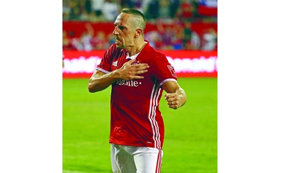 Bayernu2019s Franck Ribery celebrates after scoring a goal against AC Milan during a friendly in the International Champions Cup 2016.