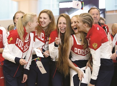 Russiau2019s synchronised swimming Olympic team members attend a farewell ceremony before the national teamu2019s departure to the Rio 2016 Olympics at Sheremetyevo International Airport outside Moscow, Russia, yesterday. (Reuters)