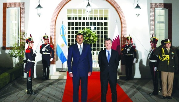 HH the Emir Sheikh Tamim bin Hamad al-Thani along with Argentineu2019s President Mauricio Macri at the Presidential Palace in Buenos Aires.
