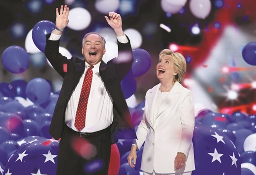 Hillary Clinton and running mate Tim Kaine at the end of the fourth and final night of the Democratic National Convention at Wells Fargo Center in Philadelphia, Pennsylvania.