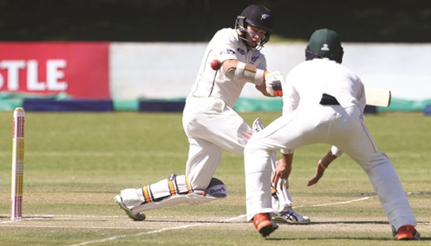 New Zealand batsman Tom Latham in action on Day Two of the first Test against Zimbabwe at Queens Sports Club in Bulawayo yesterday.