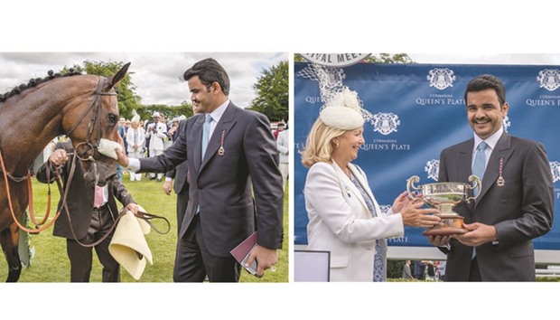 HE Sheikh Joaan bin Hamad al-Thani is pleased with Al Jaziu2019s winning performance in the Lu2019Ormarins Queens Plate (Gr3) on Day Four of the Qatar Goodwood Festival yesterday. HE Sheikh Joaan receives the trophy after Al Shaqab Racingu2019s Al Jazi won the Lu2019Ormarins Queens Plate (Gr3) at the Qatar Goodwood Festival yesterday.