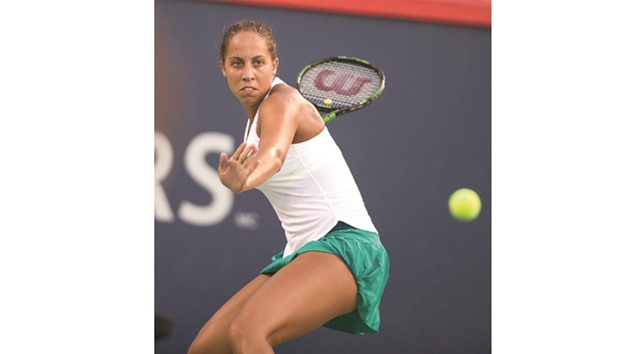Madison Keys of US returns during her win over Anastasia Pavlyuchenkova of Russia at the Rogers Cup at Uniprix Stadium in Montreal, Quebec on Friday.
