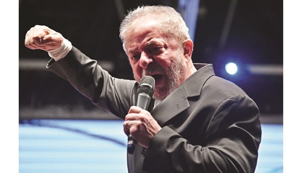 Brazilian former president Luiz Inacio Lula da Silva addresses a meeting of the Socialist Youth in Sao Paulo on Friday night.