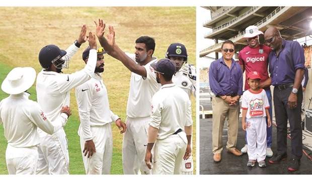 Ravichandran Ashwin of India celebrates with teammates after dismissing Jermaine Blackwood of the West Indies on Day One of the second Test in Kingston, Jamaica, yesterday. Cricket legends Sunil Gavaskar (left) and Sir Vivian Richards (right) pose with West Indies cricket Marlon Samuels and his son Dimitri before the start of the second Test between West Indies and India at Sabina Park, Jamaica, yesterday.