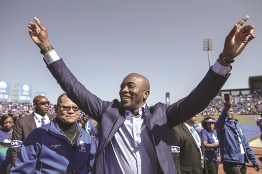 Democratic Alliance leader Mmusi Maimane gesturing as he salutes the crowd during the final Municipal Elections campaign rally at Dobsonville Stadium in Soweto yesterday.
