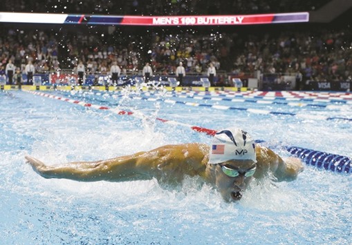 Michael Phelps in action during the menu2019s 100m butterfly finals in the US Olympic swimming team trials in Omaha on Saturday.PICTURE: Rob Schumacher-USA Today Sports