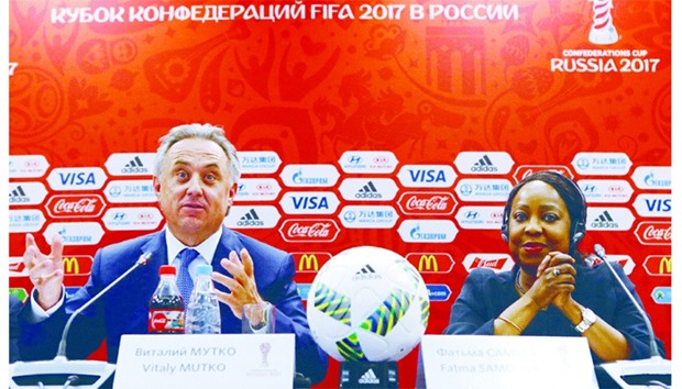 FIFA Secretary General Fatma Samoura (right) and Russian Sports Minister Vitaly Mutko attend a news conference in Moscow, Russia, yesterday. (Reuters)