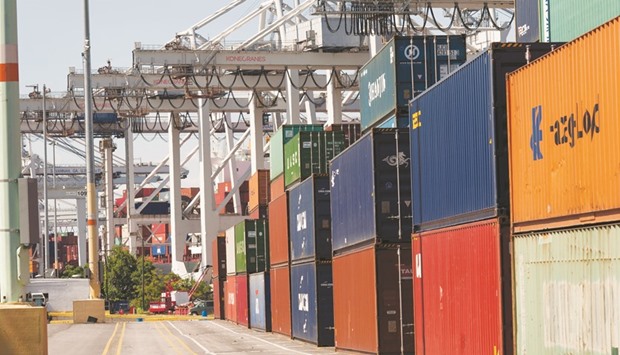 Containers are stacked before being loaded onto ships at the Port of Savannah, Georgia, US. The US trade gap increased 10.1% to $41.1bn in May, the Commerce Department said yesterday.