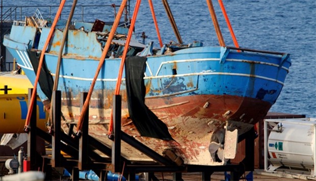 The wreck of a fishing boat that sank in April 2015, drowning hundreds of migrants