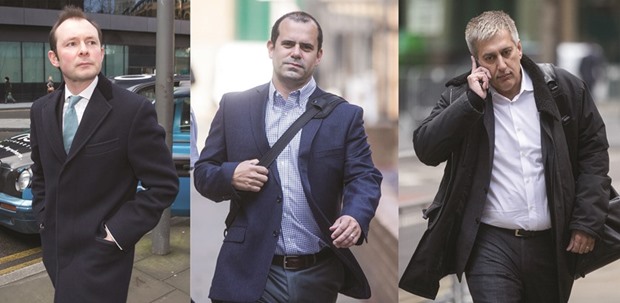 A combination photograph shows Jonathan Mathew (left), Alex Pabon (centre) and Jay Merchant. Merchant was sentenced to six-and-a-half years, his junior Pabon was sentenced to two years and nine months and junior British Libor submitter Mathew was handed a four-year sentence in the latest London Libor trial.