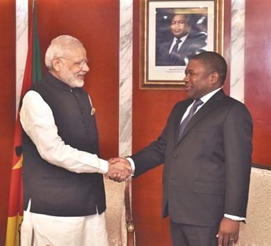 Prime Minister Narendra Modi shakes hands with President of Mozambique Filipe Nyusi in Maputo yesterday.