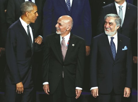 US President Barack Obama participating in a family photo with Afghanistanu2019s President Ashraf Ghani and Afghanistanu2019s Chief Executive Abdullah Abdullah at the Nato Summit in Warsaw, Poland, yesterday.