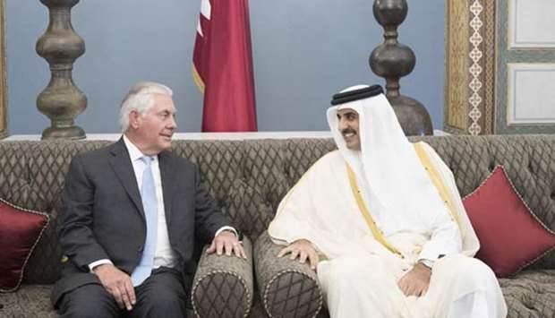 His Highness the Emir Sheikh Tamim bin Hamad al-Thani receives US Secretary of State Rex Tillerson in Doha on Tuesday.