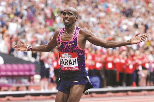File picture of Great Britainu2019s Mo Farah celebrating after winning the menu2019s 3,000m during the London Anniversary Games.