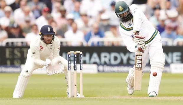 South Africau2019s Hashim Amla hits a six for his half-century against England at Trent Bridge yesterday.