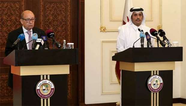 HE the Foreign Minister Sheikh Mohamed bin Abdulrahman al-Thani speaks during a press conference with his French counterpart Jean-Yves Le Drian in Doha on Saturday.