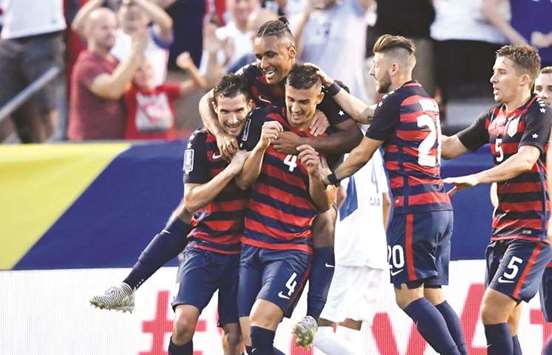 United States defender Matt Miazga (centre) celebrates with teammates after scoring against Nicaragua during the Gold Cup at FirstEnergy Stadium in Cleveland, USA. (USA TODAY Sports)