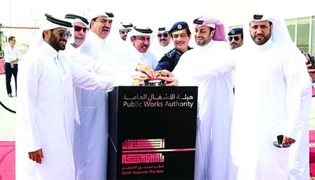 HE the Minister of Transport and Communications Jassim Seif Ahmed al-Sulaiti, HE the Minister of Municipality and Environment Mohamed bin Abdullah al-Rumaihi and other dignitaries at the opening of the Orbital Highway and Truck Route on Sunday: PICTURES: Jayan Orma