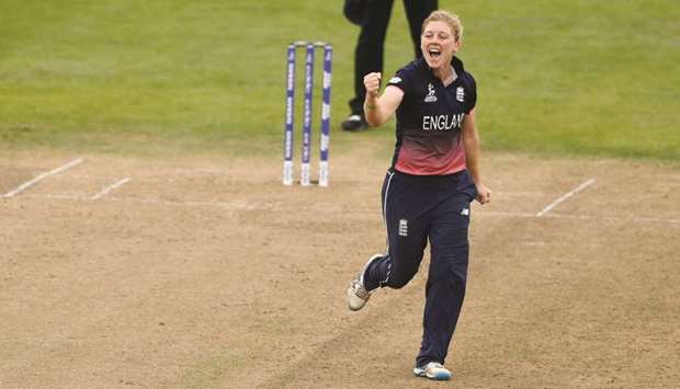 UP FOR IT: File picture of Englandu2019s Heather Knight celebrating the wicket of West Indiesu2019 Deandra Dottin.