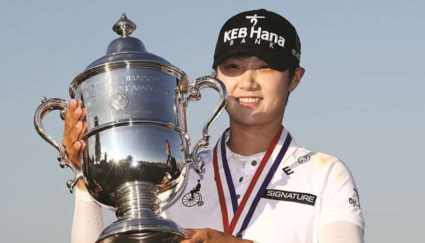 Park Sung-hyun of Korea poses with the trophy after winning the US Womenu2019s Open at Trump National Golf Club in Bedminster, New Jersey, on Sunday. (AFP)