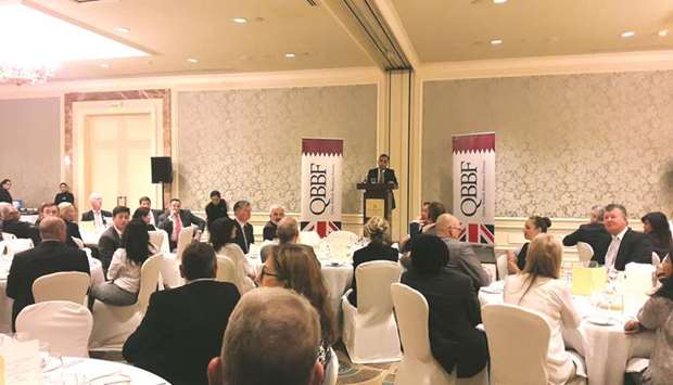 Ambassador Ajay Sharma addressing a luncheon event of the Qatar-British Business Forum.