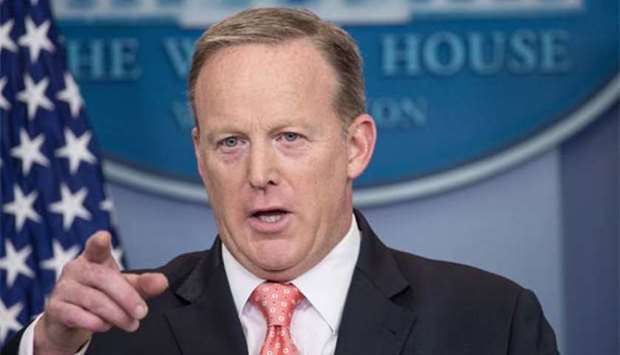 White House spokesman Sean Spicer is pictured at a press briefing last month.
