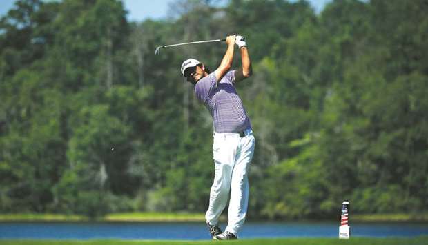Martin Flores of the United States plays his shot from the ninth tee during the first round of the Barbasol Championship in Auburn, Alabama, on Thursday. (AFP)