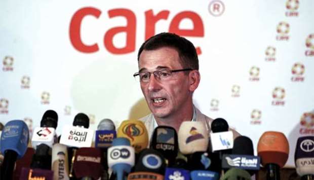 CARE International chief Wolfgang Jamann addresses a press conference in Sanaa on Saturday.