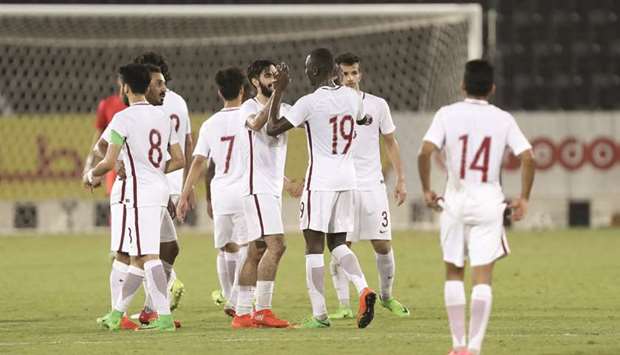 Qatar players celebrating their win over India on Friday. They take on Syria in their final qualifying game at 8pm at the Al Sadd Sports Club today.