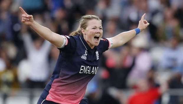 England's Anya Shrubsole celebrates taking the wicket of India's Jhulan Goswami during the ICC Women's World Cup cricket final between England and India at Lord's cricket ground in London.