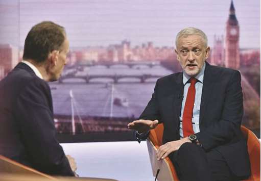 Opposition Labour leader Jeremy Corbyn speaks on BBCu2019s Andrew Marr Show in London yesterday.