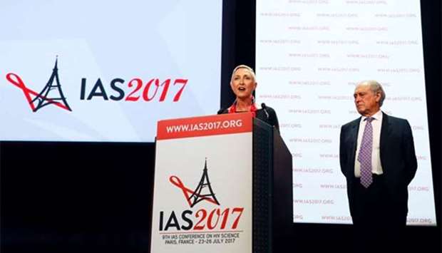 International Aids Society president Linda-Gail Bekker (left) and President of the French National Ethics Advisory Committee  and conference chairman Jean-Francois Delfraissy attend the opening of the 9th International Aids Society conference on HIV Science in Paris on Sunday.