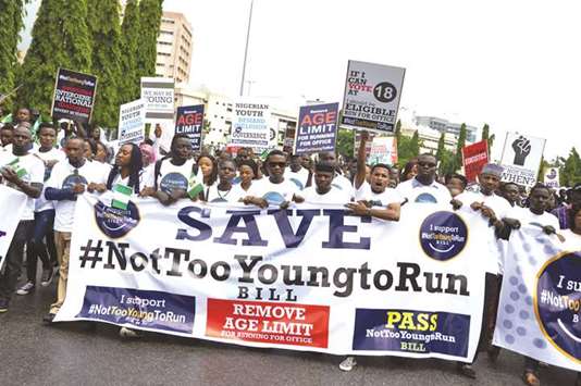 Young Nigerians march yesterday in Abujato against age barriers on political posts in Abuja.