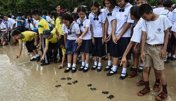 Thai schoolchildren release young sea turtles into the Gulf of Thailand during the annual turtle conservation release event at the Royal Thai Navy Sea Turtle Conservation Centre in Sattahip on Wednesday.