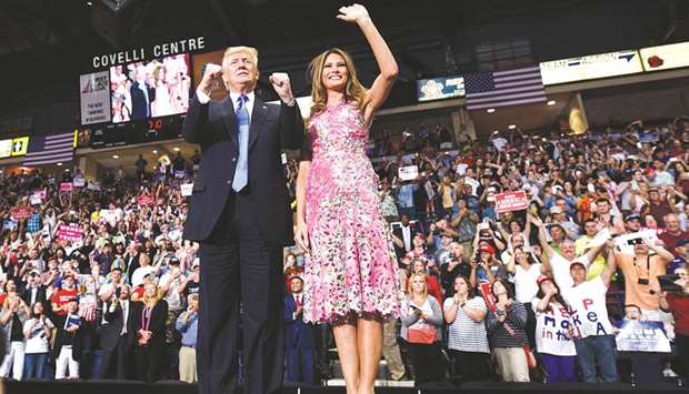 President Donald Trump arrives with first lady Melania Trump for a rally at the Covelli Centre in Youngstown, Ohio.