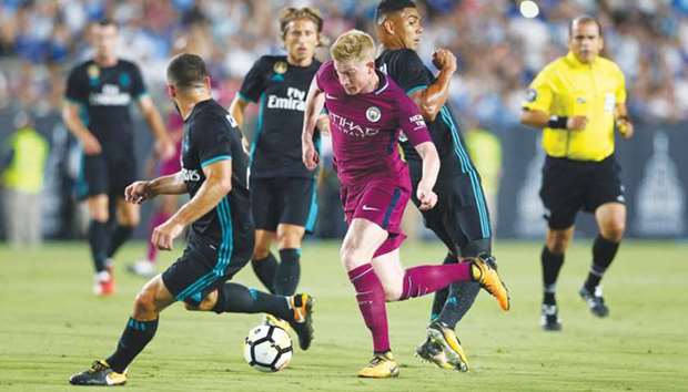 Manchester Cityu2019s Kevin De Bruyne (centre) in action during the pre-season friendly  against Real Madrid in Los Angeles on Wednesday night. (Reuters)