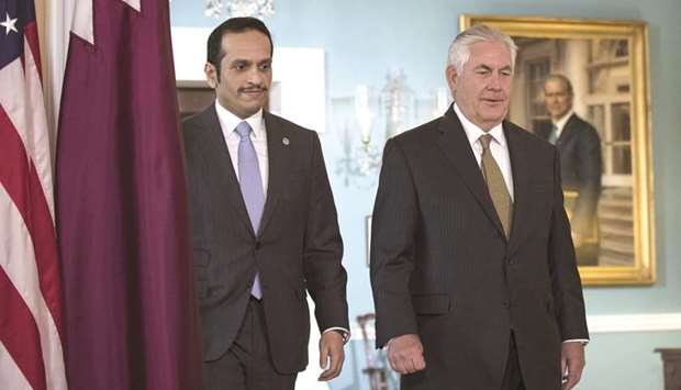 Qataru2019s Foreign Minister HE Sheikh Mohamed bin Abdulrahman al-Thani with US Secretary of State Rex Tillerson before their meeting at the State Department in Washington, DC yesterday.