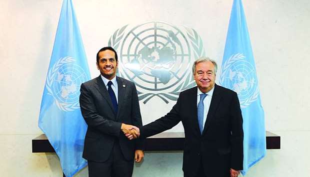 HE the Foreign Minister Sheikh Mohamed bin Abdulrahman al-Thani shakes hand with Antonio Guterres, Secretary-General of the United Nations