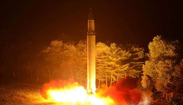 Intercontinental ballistic missile (ICBM) Hwasong-14 is pictured during its second test-fire.