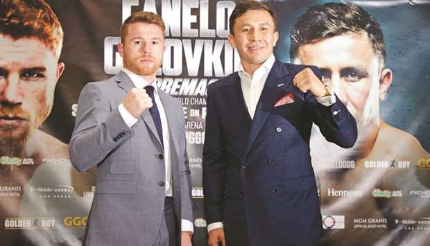 In this June 19, 2017, picture, Gennady Golovkin and Canelo Alvarez pose during a press conference in London. (Reuters)
