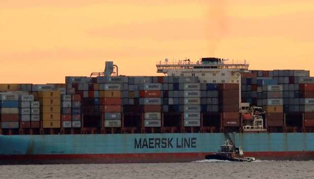 The Maersk ship Adrian Maersk is seen as it departs from New York Harbor in New York City, US