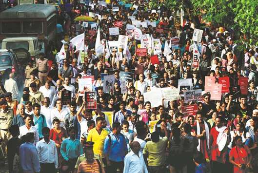 People protest against the recent cases of mob lynching of Muslims who were accused of possessing beef, in Mumbai yesterday.