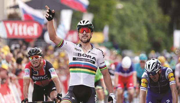 Bora-Hansgrohe rider Peter Sagan of Slovakia celebrates winning the third stage of the Tour de France yesterday.