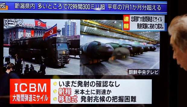 A street monitor showing news of North Korea firing a ballistic missile in Tokyo